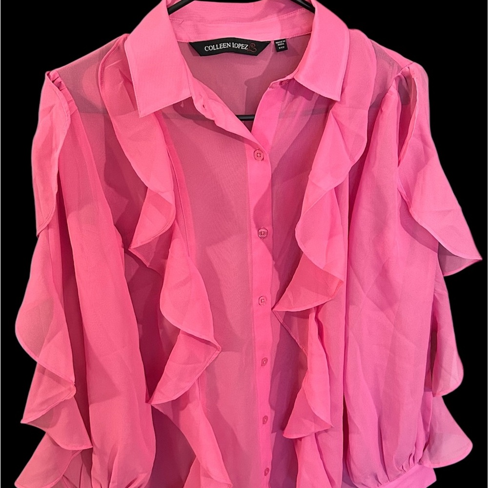 Colleen Lopez Pink Ruffled Blouse with Notched Collar